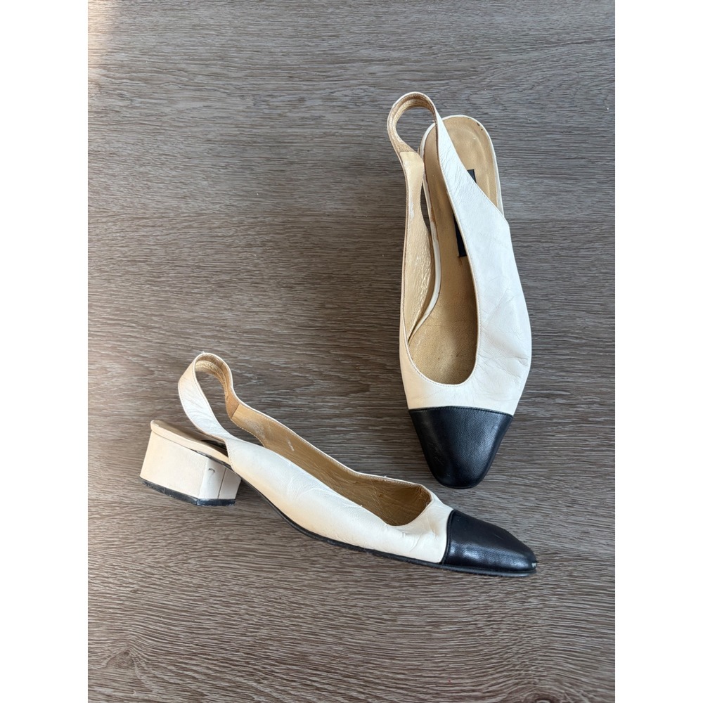 Simard Vintage Leather Slingback Pumps Black Cap Toe Block Heel White 38.5